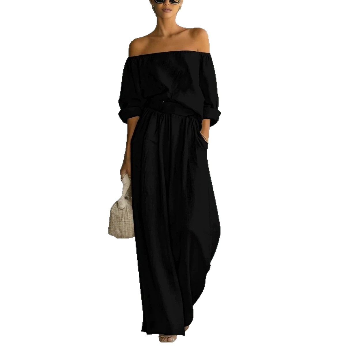 Off-Shoulder Wide-Leg Two-Piece Pants Set