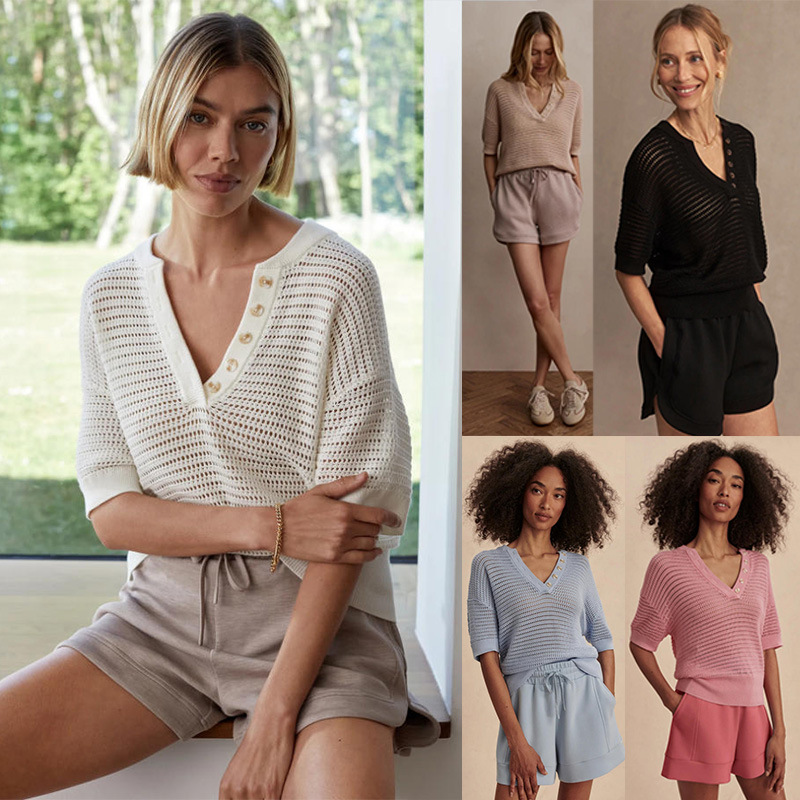 V-Neck Hollow-Out Knit Top Short Sleeve Casual Vacation Pullover