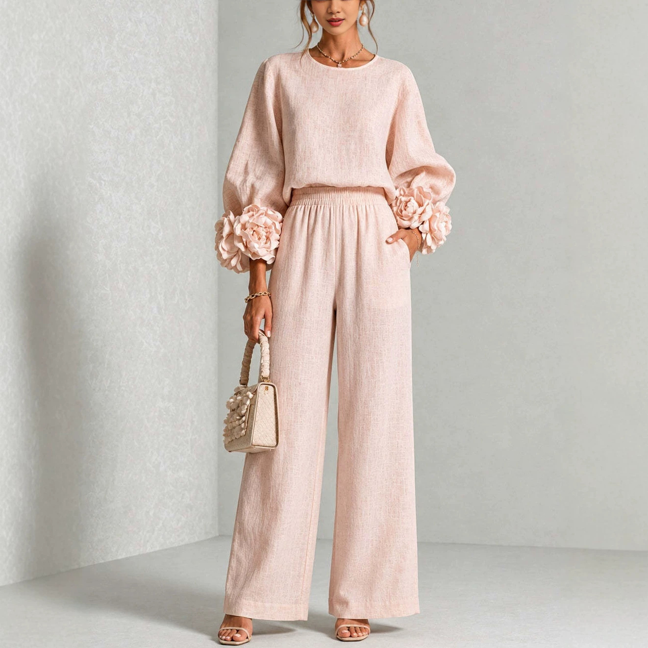 Women's Two-Piece Long Sleeve Floral Cuff Wide-Leg Pants Set Casual Commuter