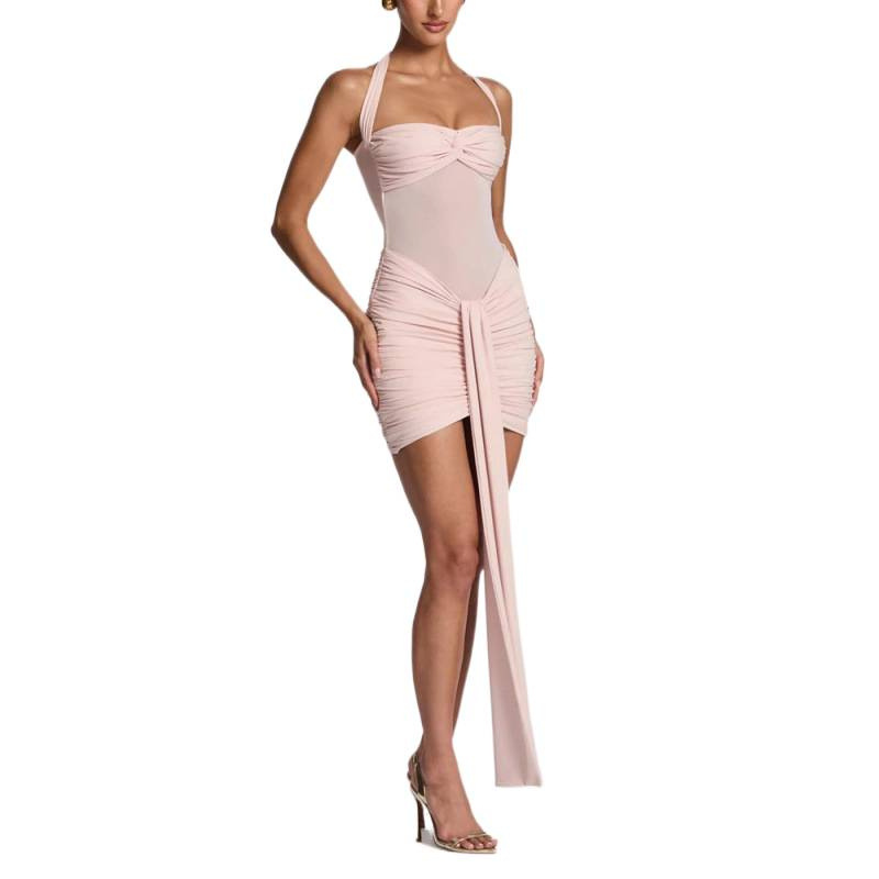 Women's Summer Halter Neck Mesh Spliced Bodycon Mini Dress with Ribbon