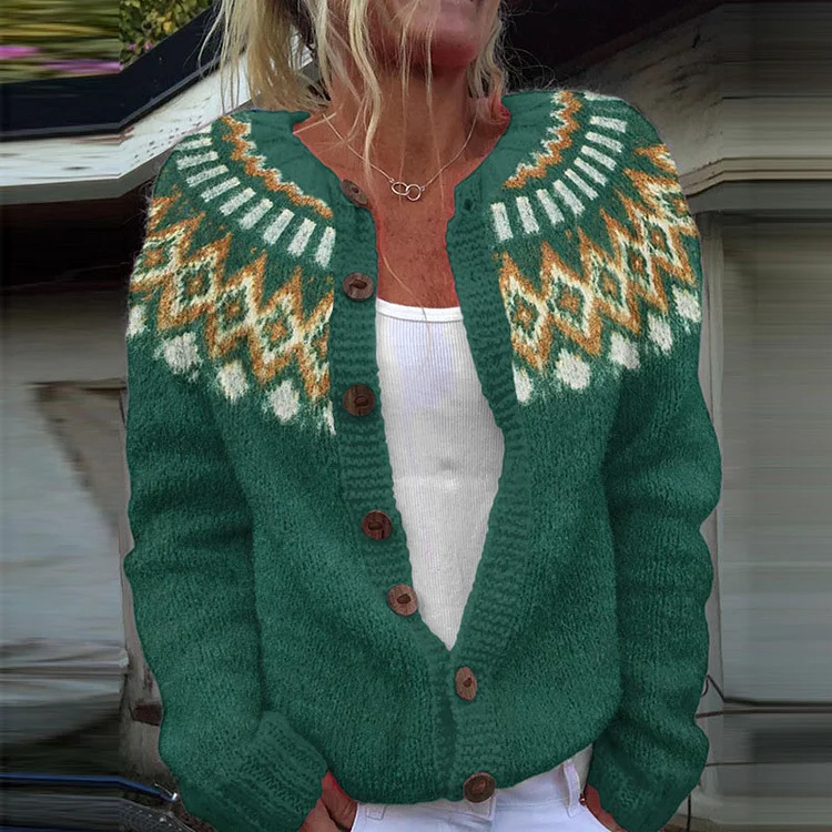 Women's Tribal Feather Print Button Cardigan Sweater