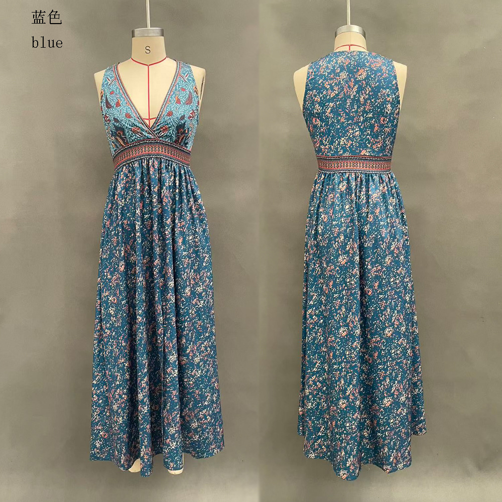 Bohemian Sleeveless Floral Print Deep V-Neck Slit A-Line Maxi Dress