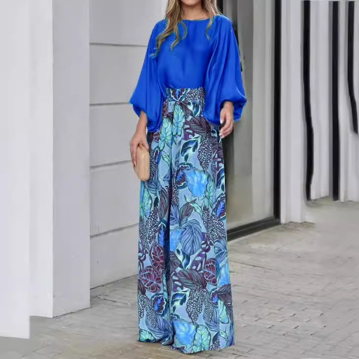 Women's Summer Two-Piece Set with Lantern Sleeve Top and Printed Wide-Leg Pants
