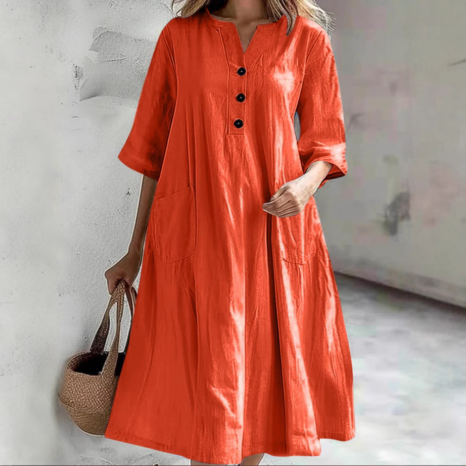 Women's Midi V-Neck Half-Sleeve Cotton-Linen Loose A-Line Dress with Three-Button Pocket