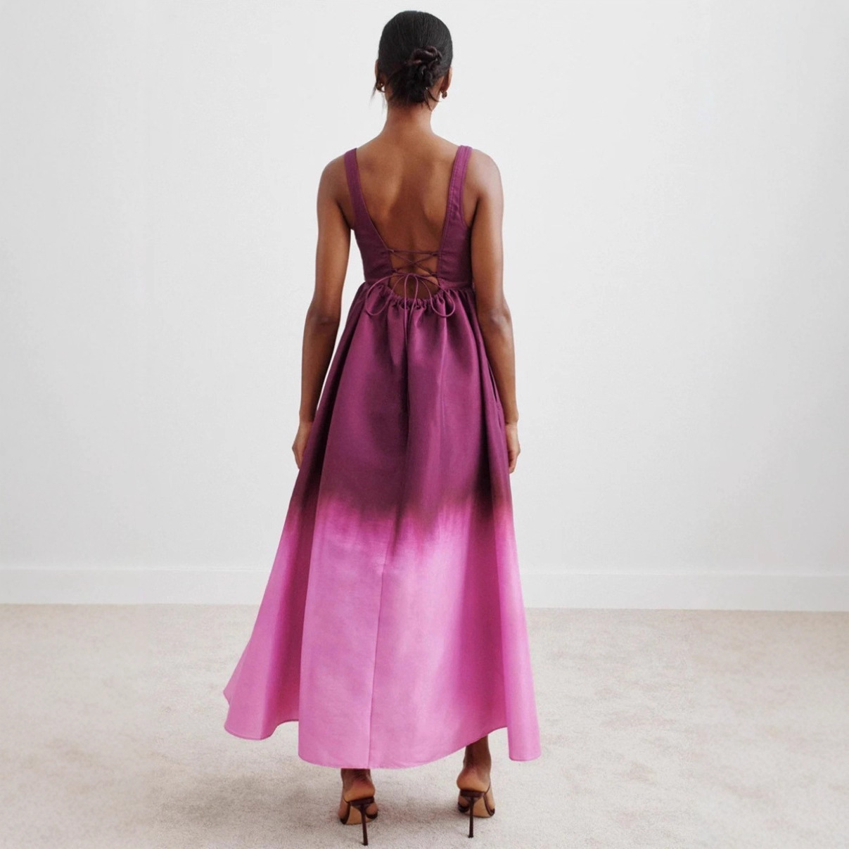 Gradient Sleeveless Lace-Up Backless Maxi Dress