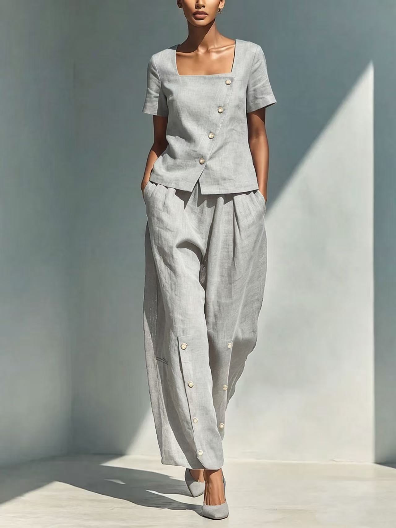 Women's Cotton-Linen Short Sleeve Top and High-Waist Pants Set