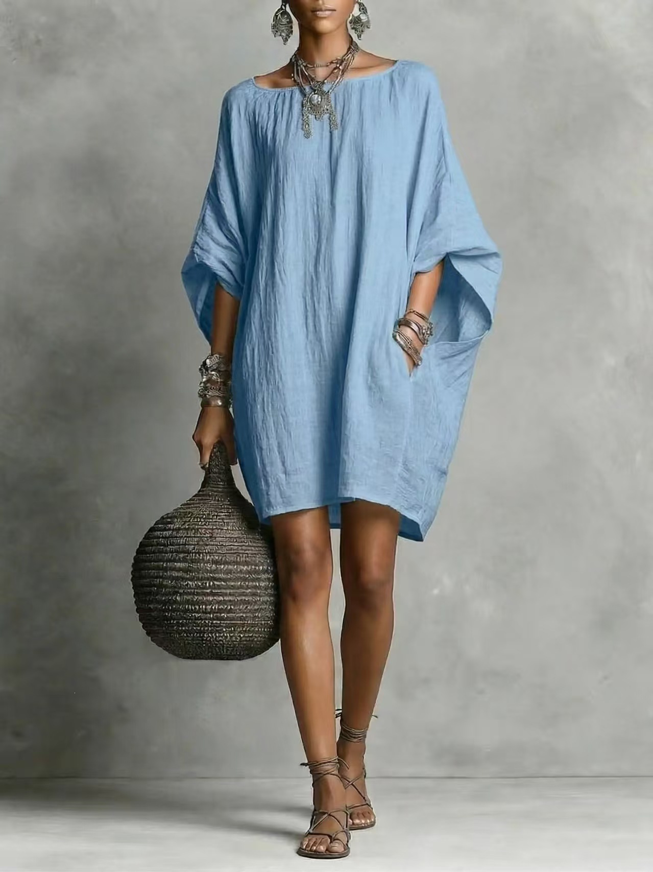Women's Casual Loose Batwing Sleeve Midi Dress Faux Cotton Linen Pleated