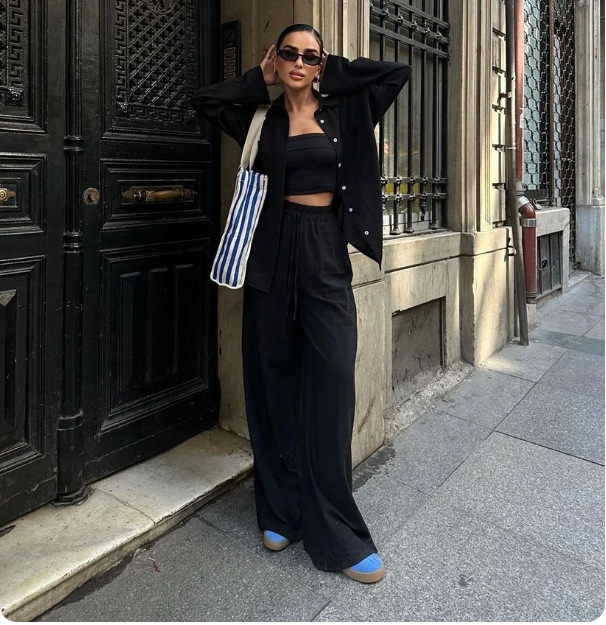 Cotton-Linen Solid Shirt & Drawstring Wide-Leg Pants Set