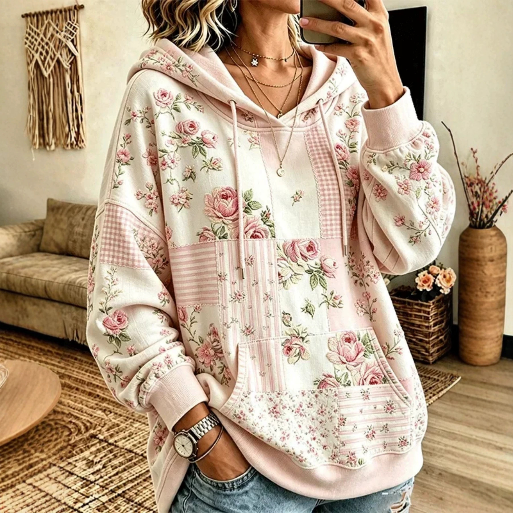Retro Floral Plaid 3D Print Hoodie Loose Casual Top