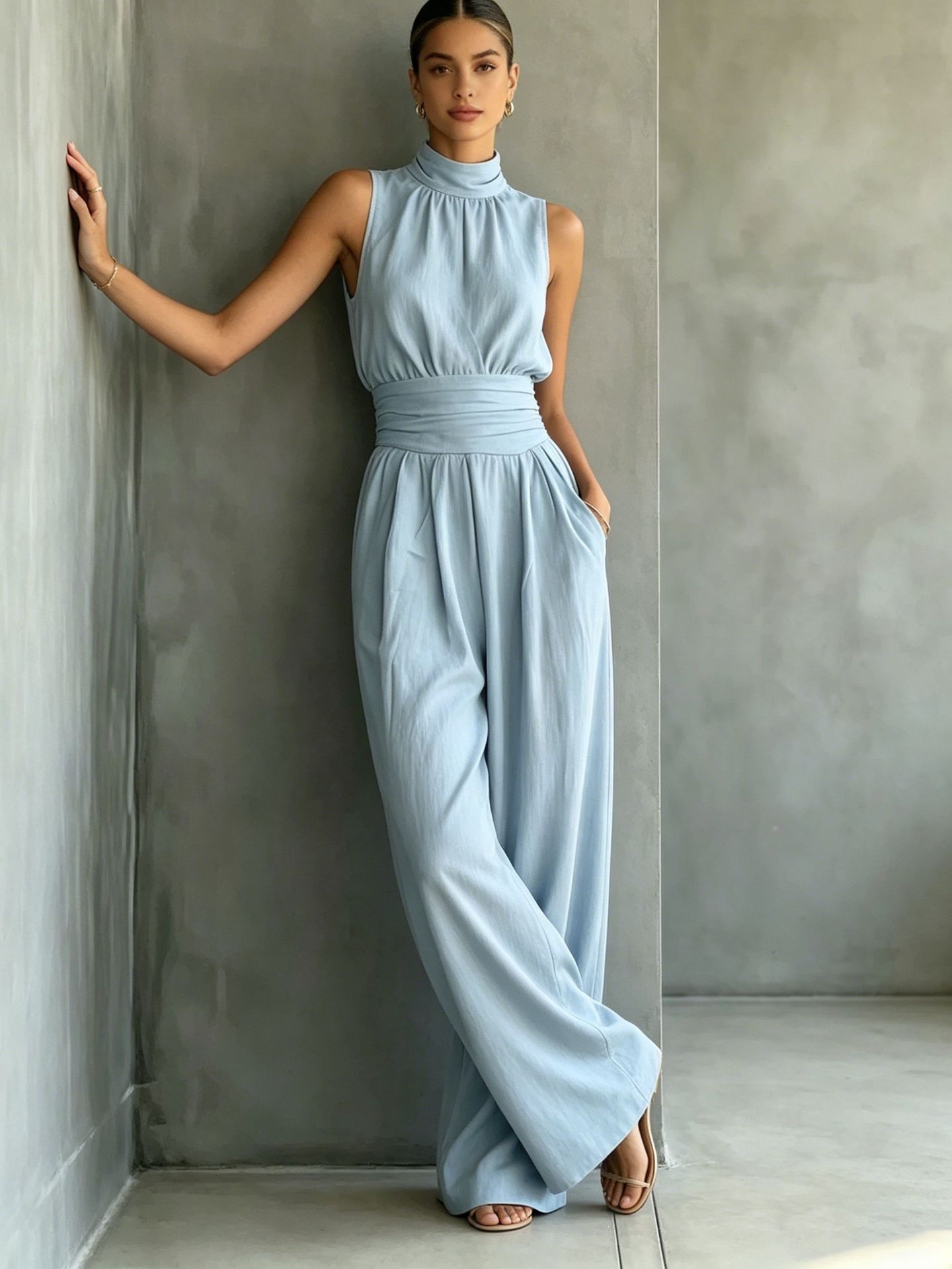 Women's Sleeveless Mock Neck Wide Leg Jumpsuit Solid Casual Long Pants