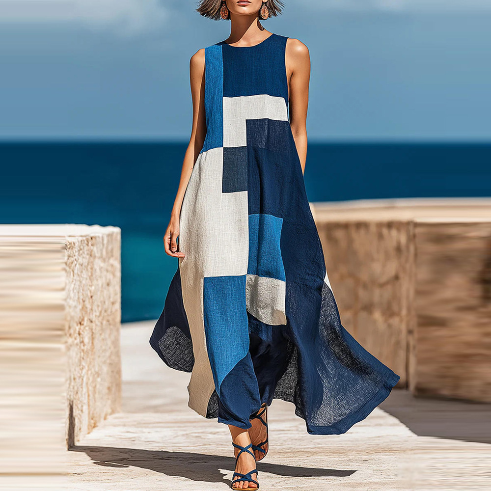 Plaid Print Sleeveless Long Dress Casual Vacation