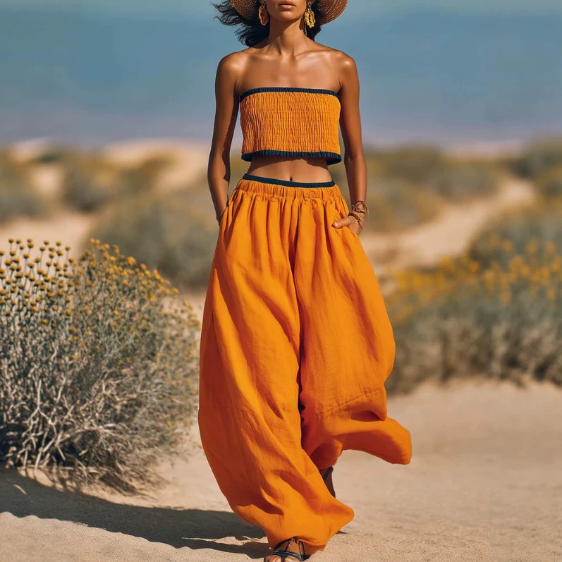Orange Cotton-Linen Strapless Top and Pants Set