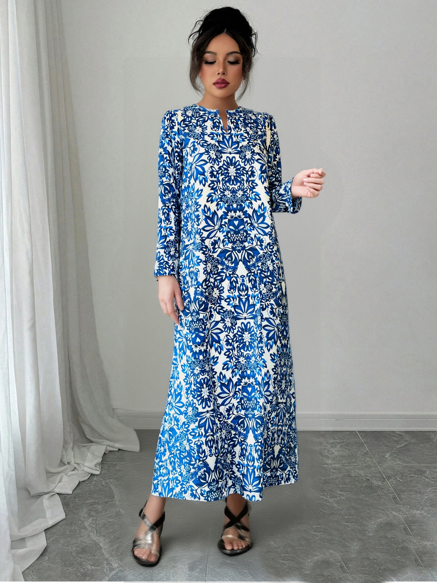 High-Saturation Colorblock Print Long Dress Loose Flattering A-Line V-Neck