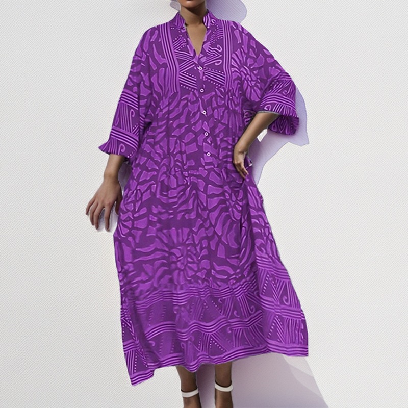 Floral Print Long Dress – Loose A-Line V-Neck Vacation Dress