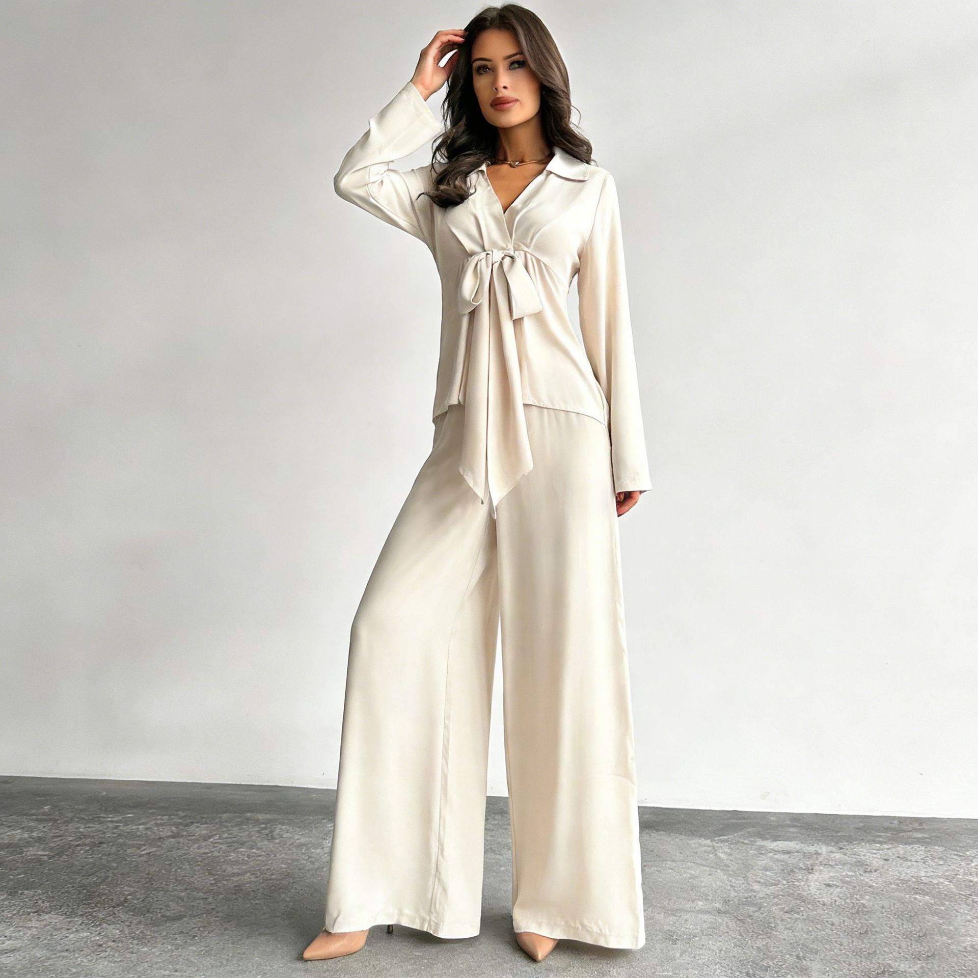 Women's Casual Two-Piece Set with Drawstring Top and Wide-Leg Pants