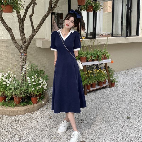 V-Neck Short Sleeve A-Line Dress Slimming Fit