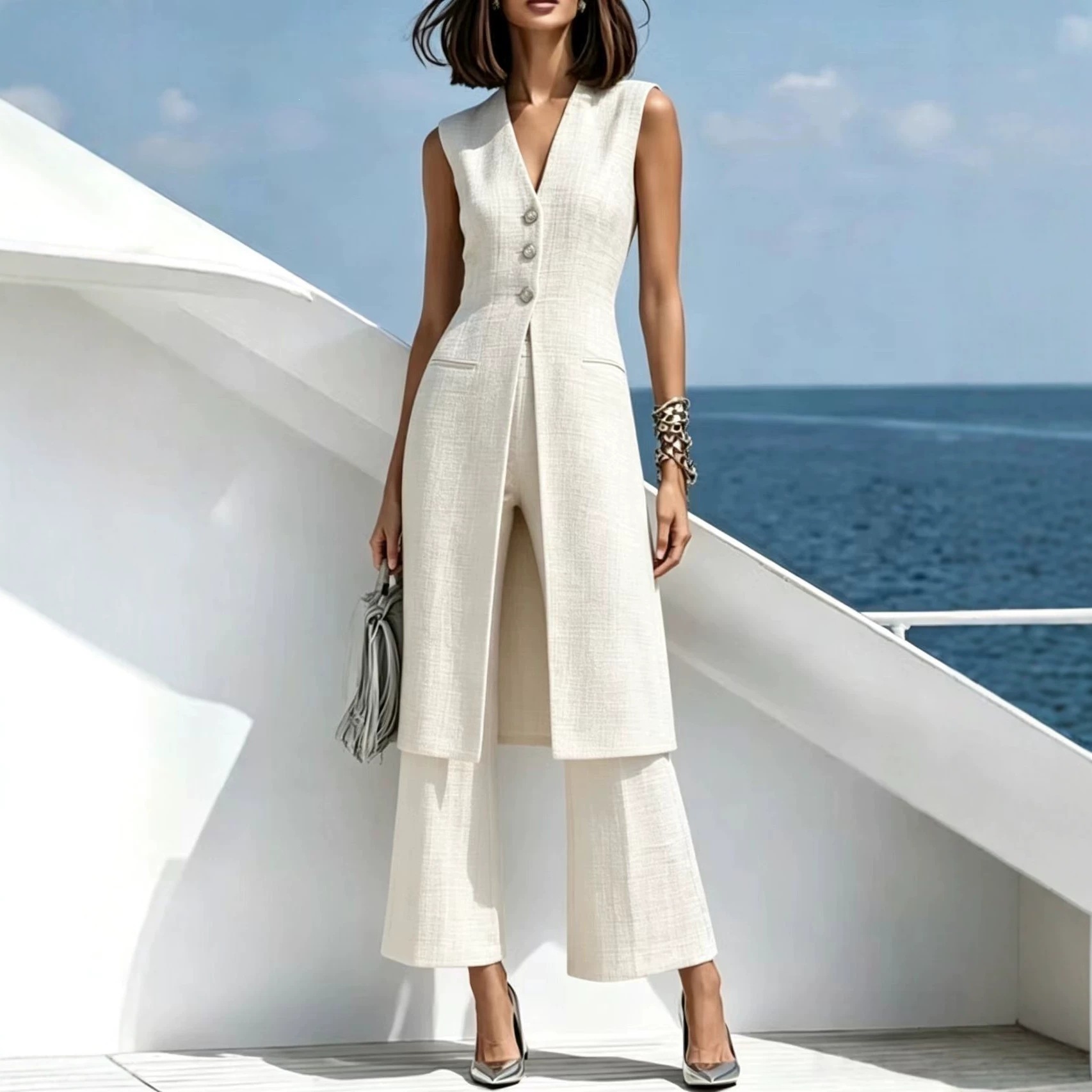 Elegant Gray Long Vest and Pants Two-Piece Suit Set