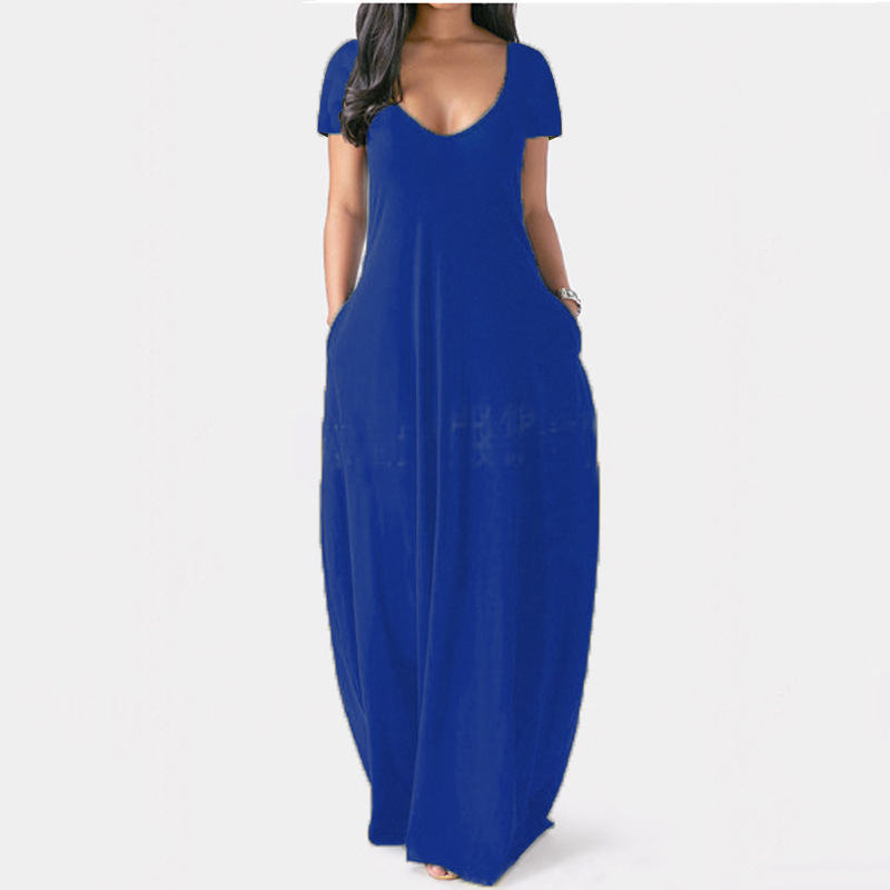 Plus Size Solid Deep V-Neck Short Sleeve Long Dress