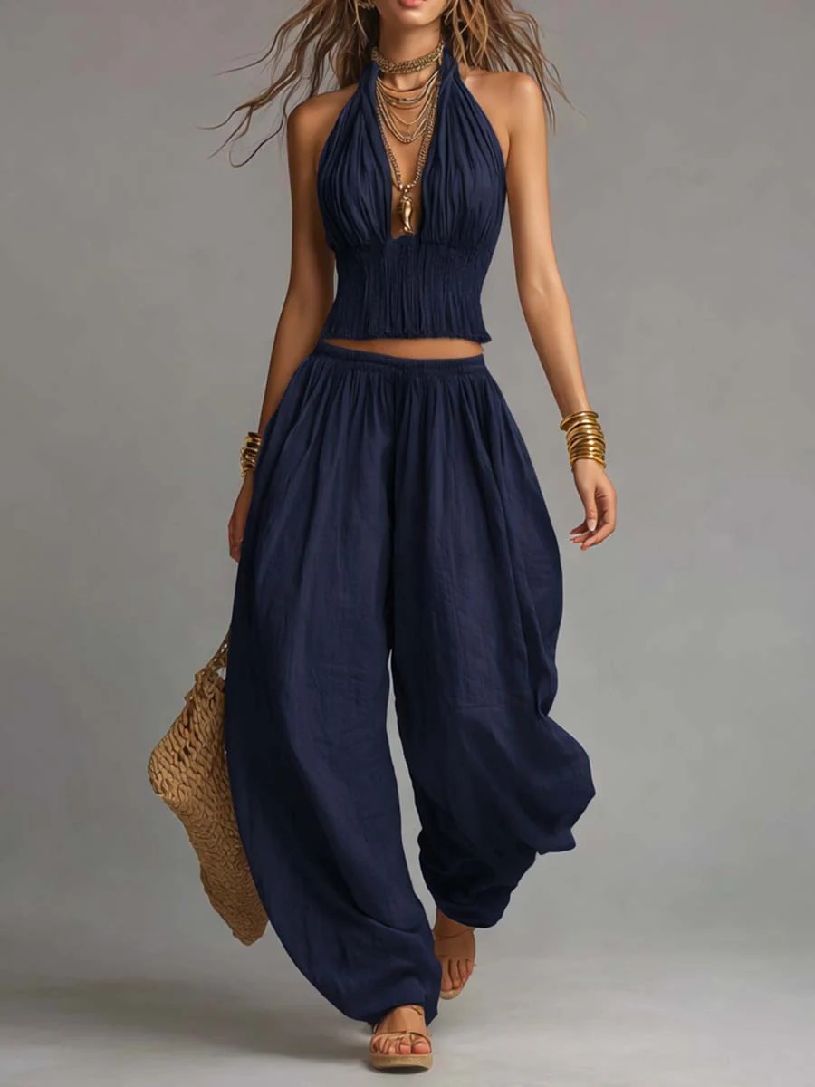 Bohemian Cotton-Linen Halter Smocked Crop Top & Lantern Pants Set