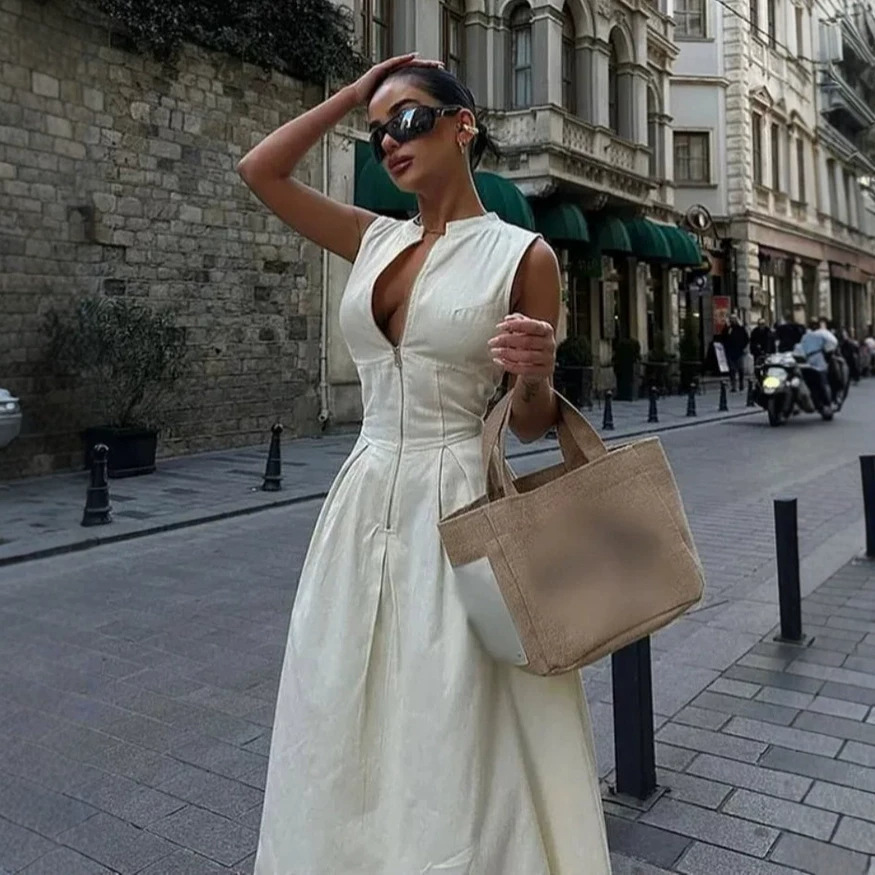 Women's Sleeveless Front Zip Midi Dress Solid Slim Fit