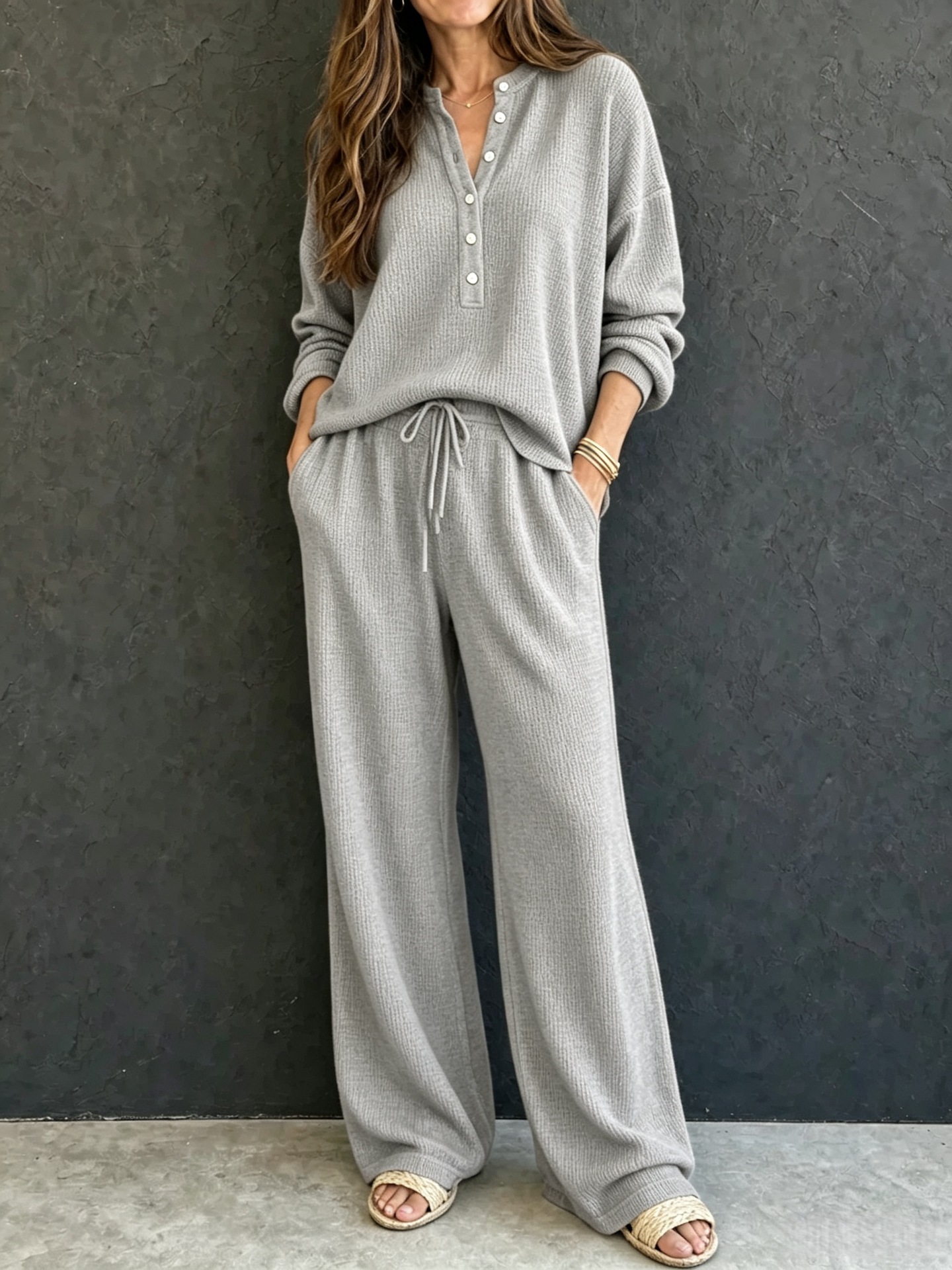Women's Waffle Knit Long Sleeve Top & Wide Leg Pants Set Solid Color