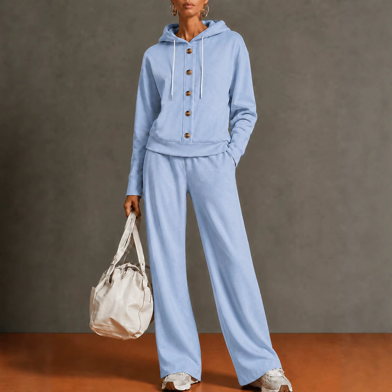 Women's Solid Color Hooded Button Sweatshirt & Wide-Leg Pants 2-Piece Set