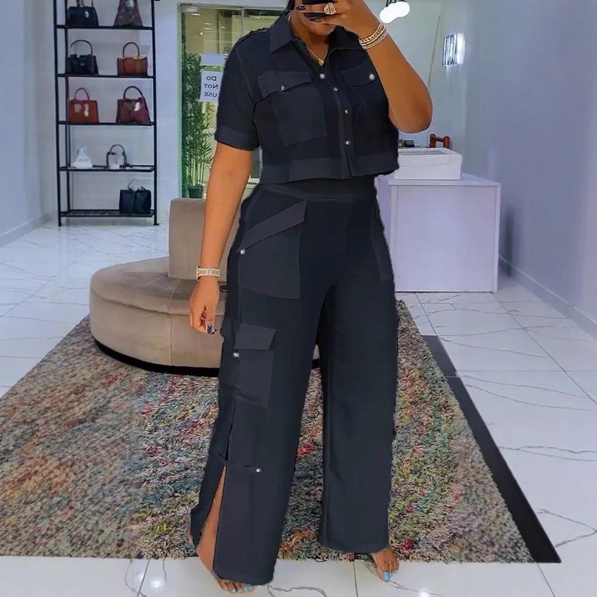 Women's High Neck Top and Multi-Pocket Patchwork Pants Casual Set