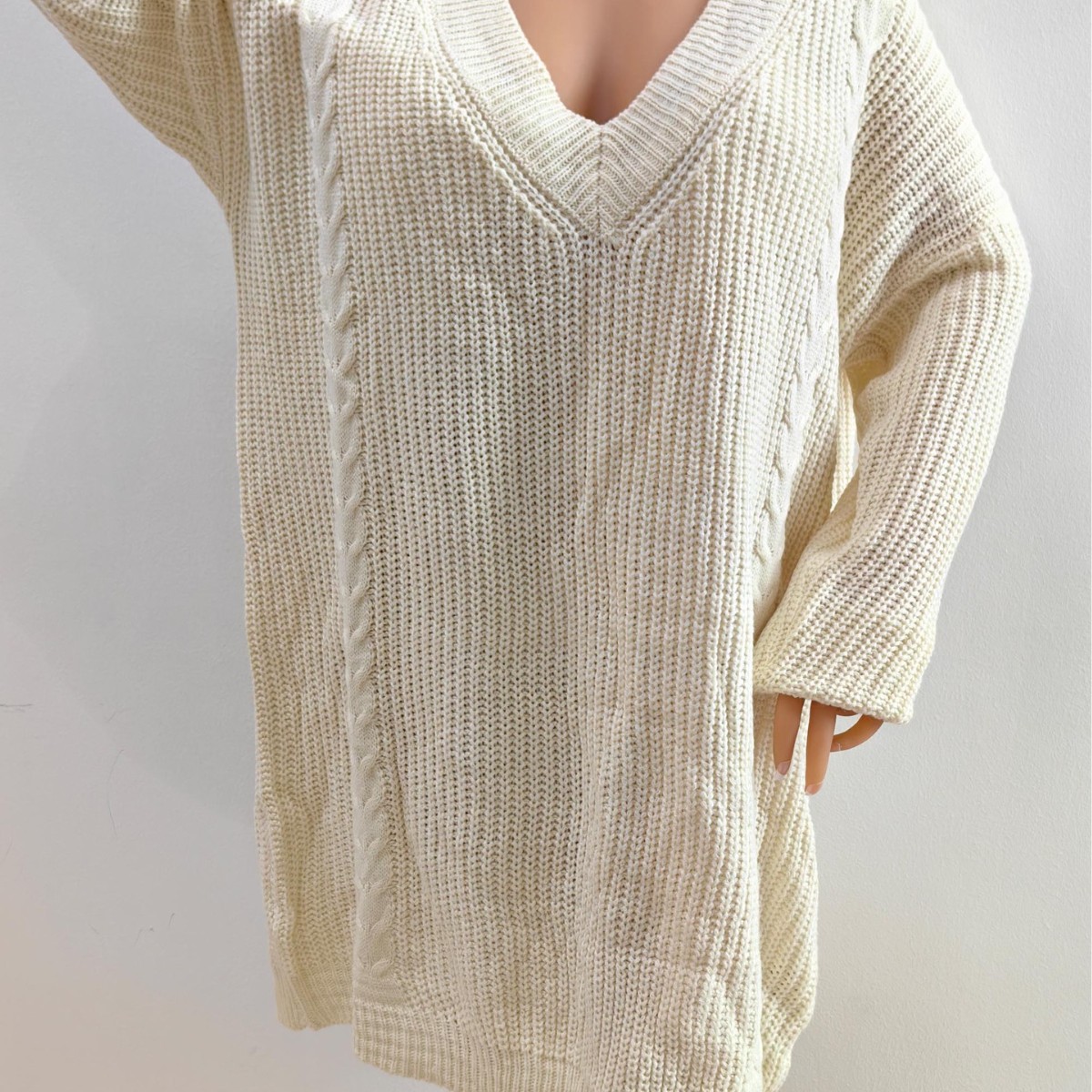 Plus Size Deep V-Neck Knit Sweater Dress Solid Loose Long Sleeve