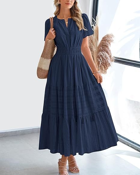 Women's V-Neck Ruffle Bubble Sleeve Layered Maxi Dress