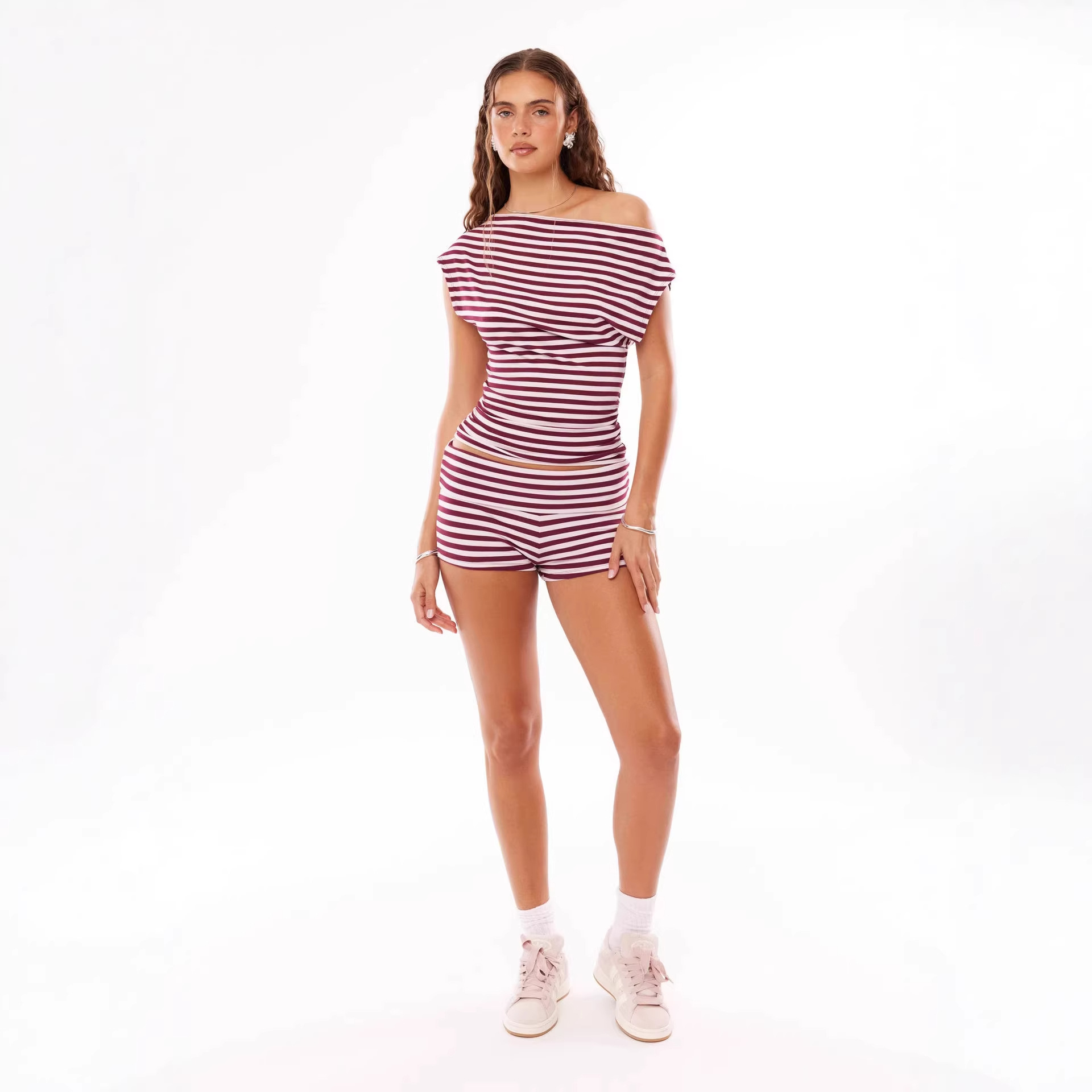 Striped Knit Shrug and Shorts Set Casual Two-Piece