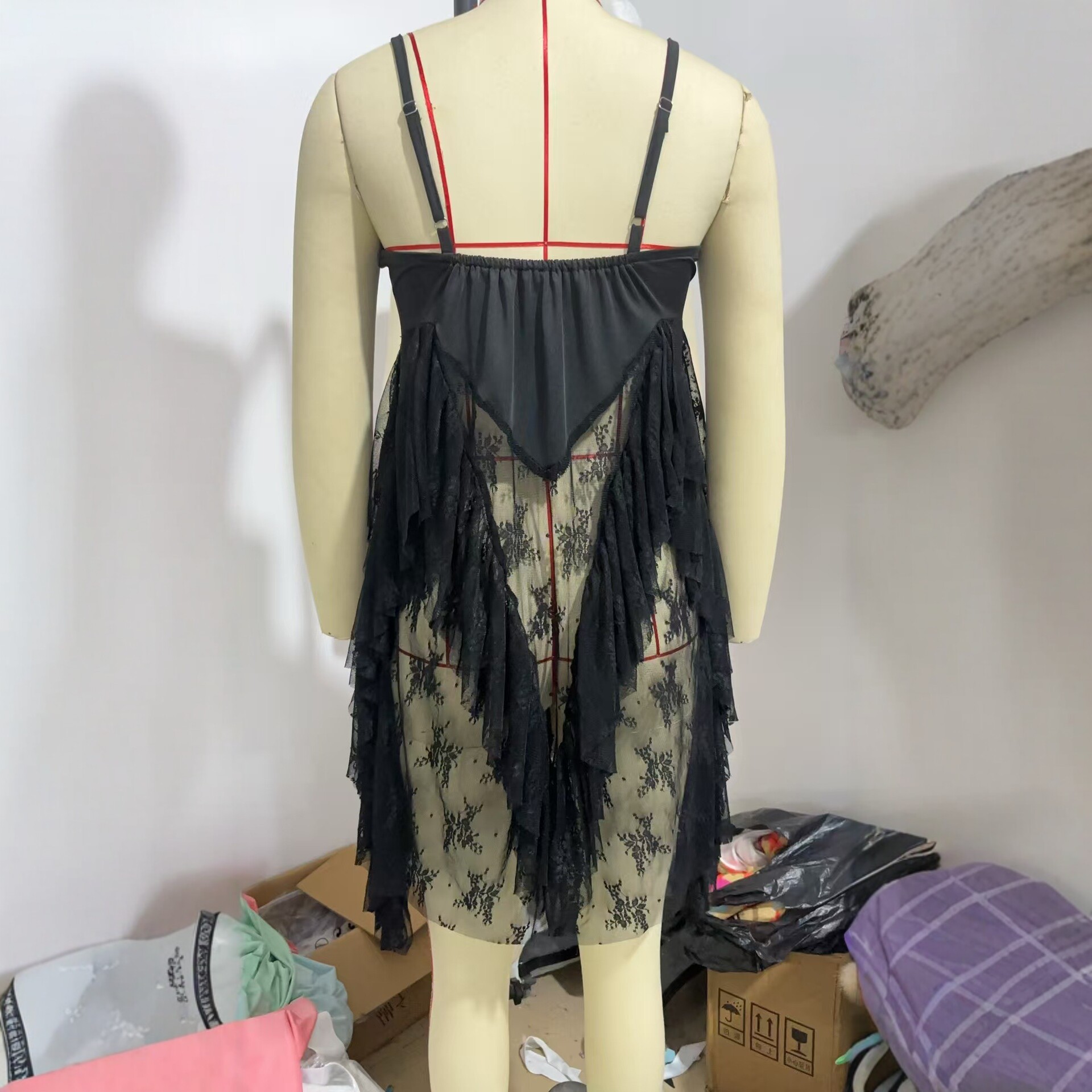 Women's Lace Spliced Cami Dress Black V-Neck Short A-Line
