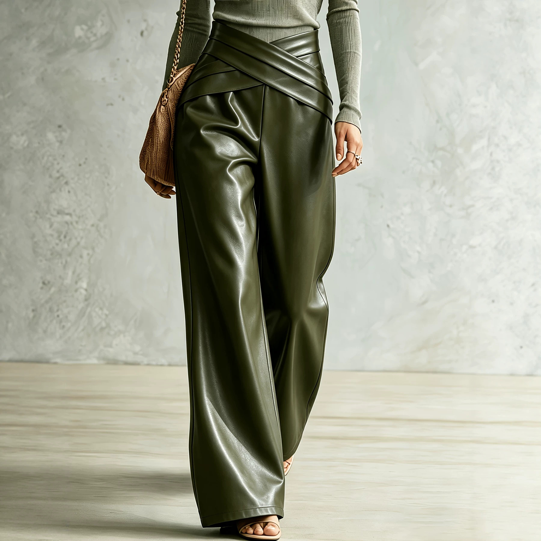 Cross-Wrap High-Waist Faux Leather Wide-Leg Palazzo Pants