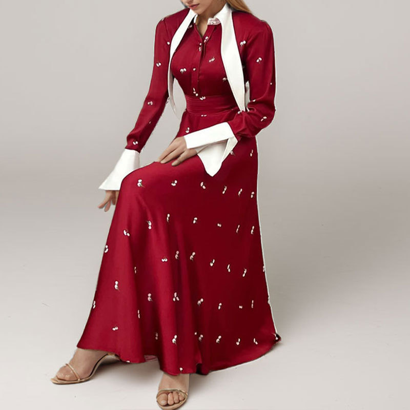 Elegant French Floral Print Long Sleeve Collared Maxi Dress