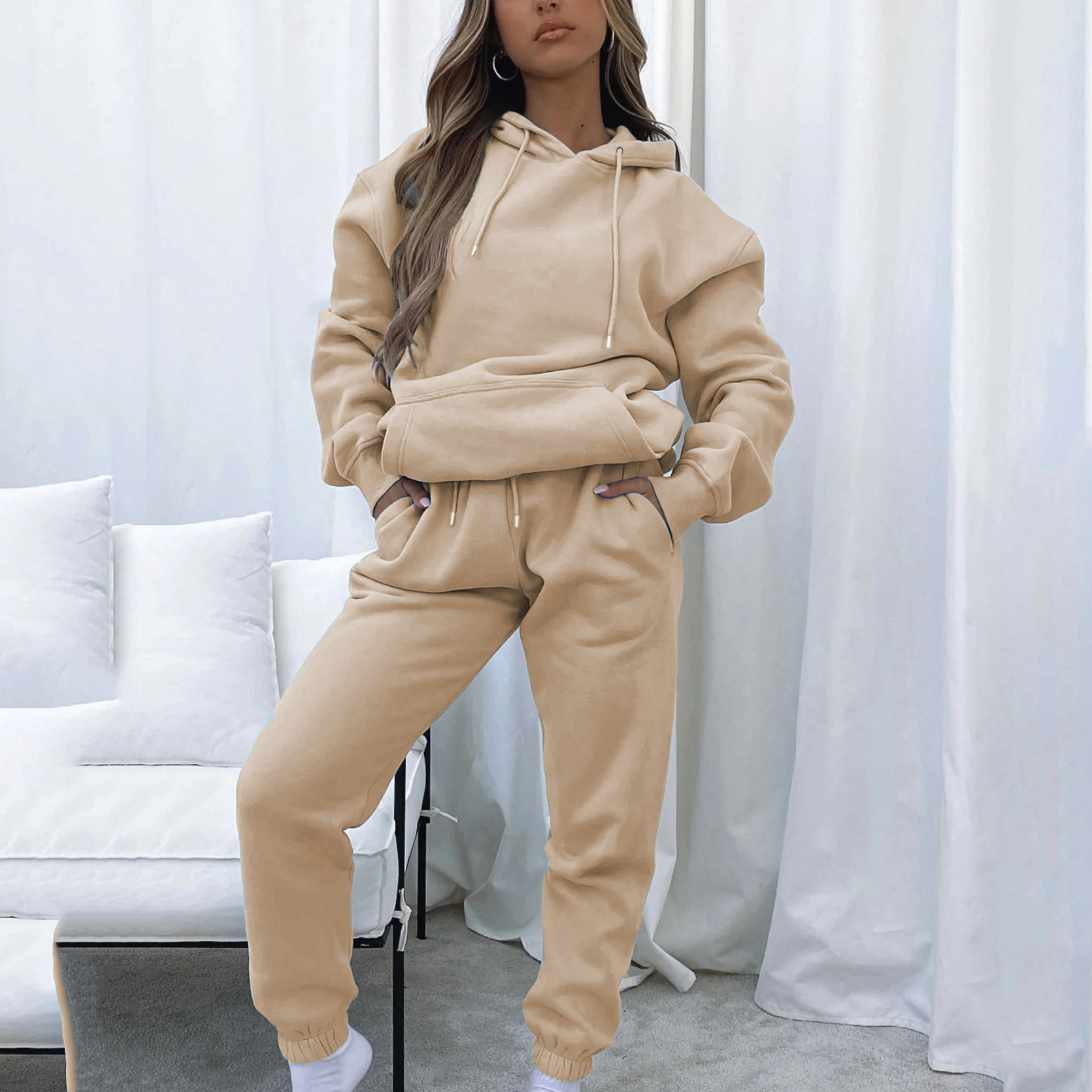Women's Solid Hooded Long Sleeve Sweatshirt and Pants Set with Pockets