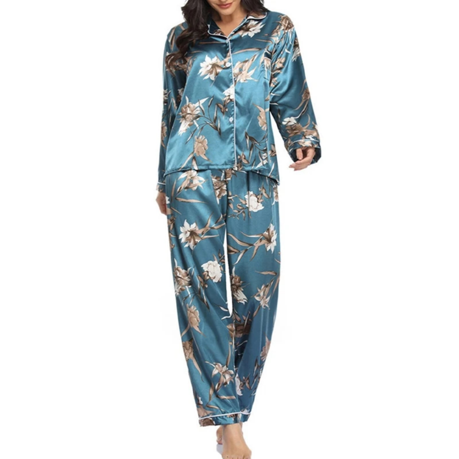 Women's Cuban Collar Polka Dot Leopard Moon Print Long Sleeve Loungewear Set