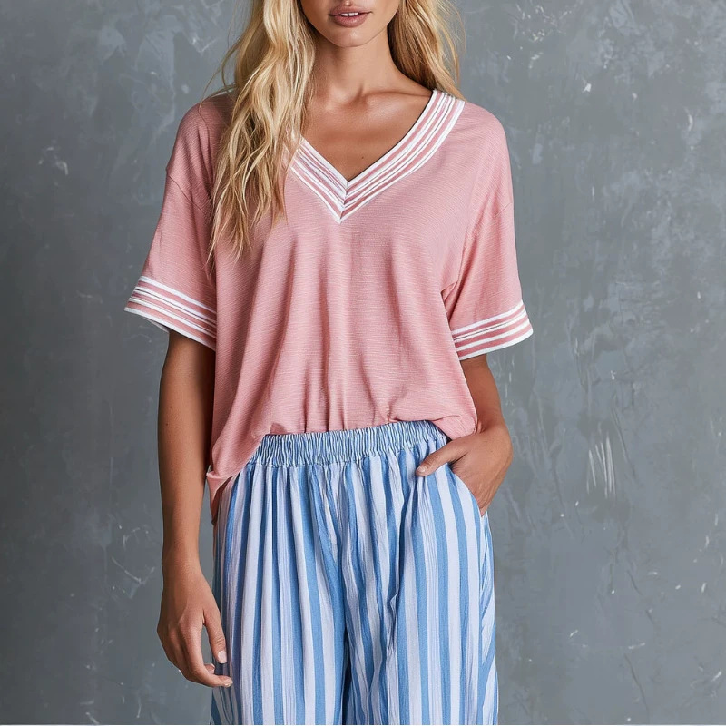 Retro Pink V-Neck Short-Sleeve T-Shirt and Blue Striped Pants Set