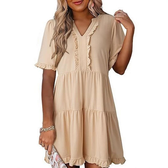 Women's Loose V-Neck Short Sleeve Ruffle Hem Casual Dress