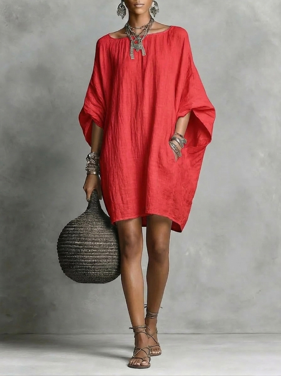 Women's Vintage Off-Shoulder Long Sleeve Midi Dress Solid Color Cotton-Linen Casual
