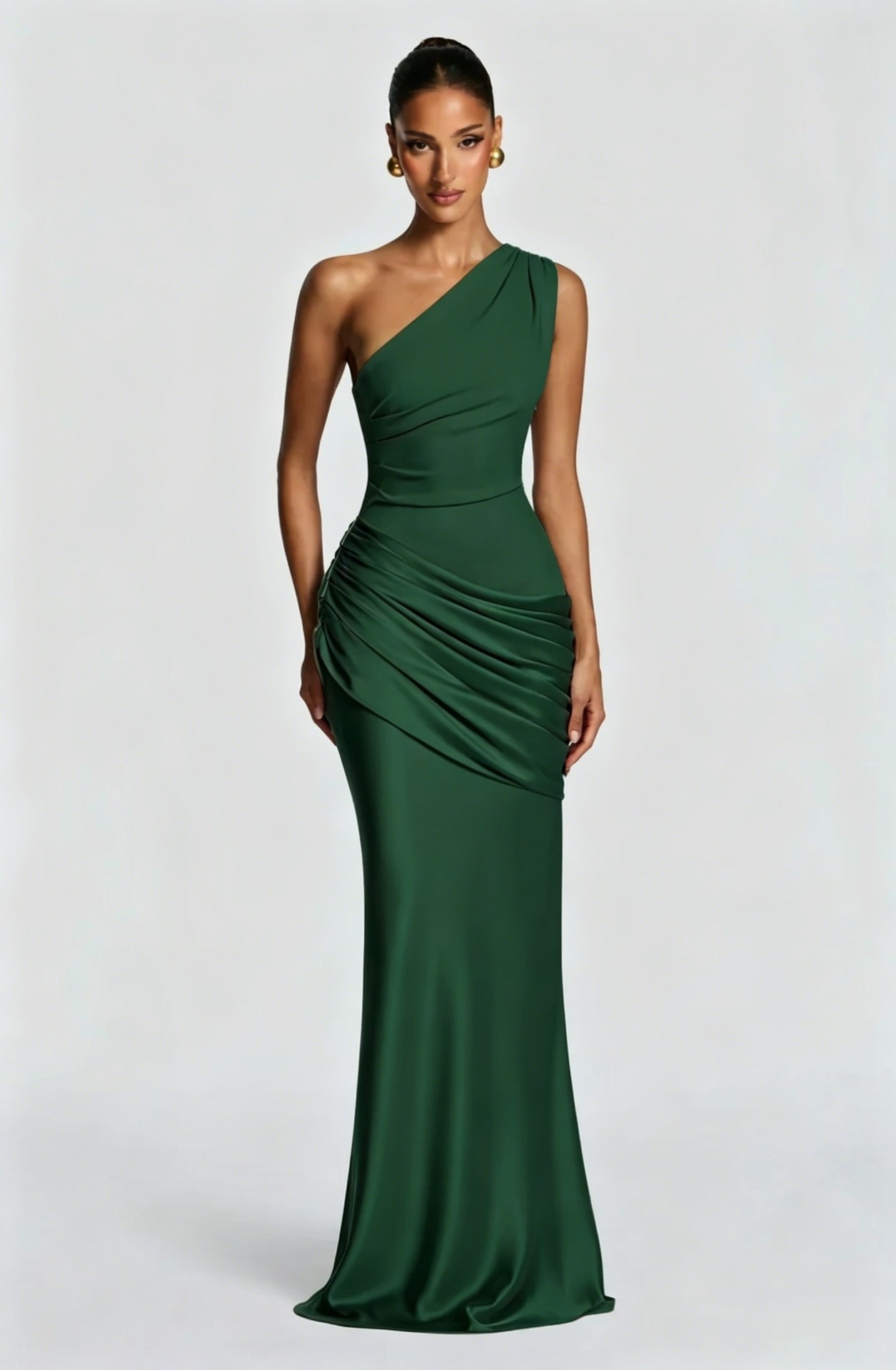 One-Shoulder Ruched Satin Bodycon Maxi Dress