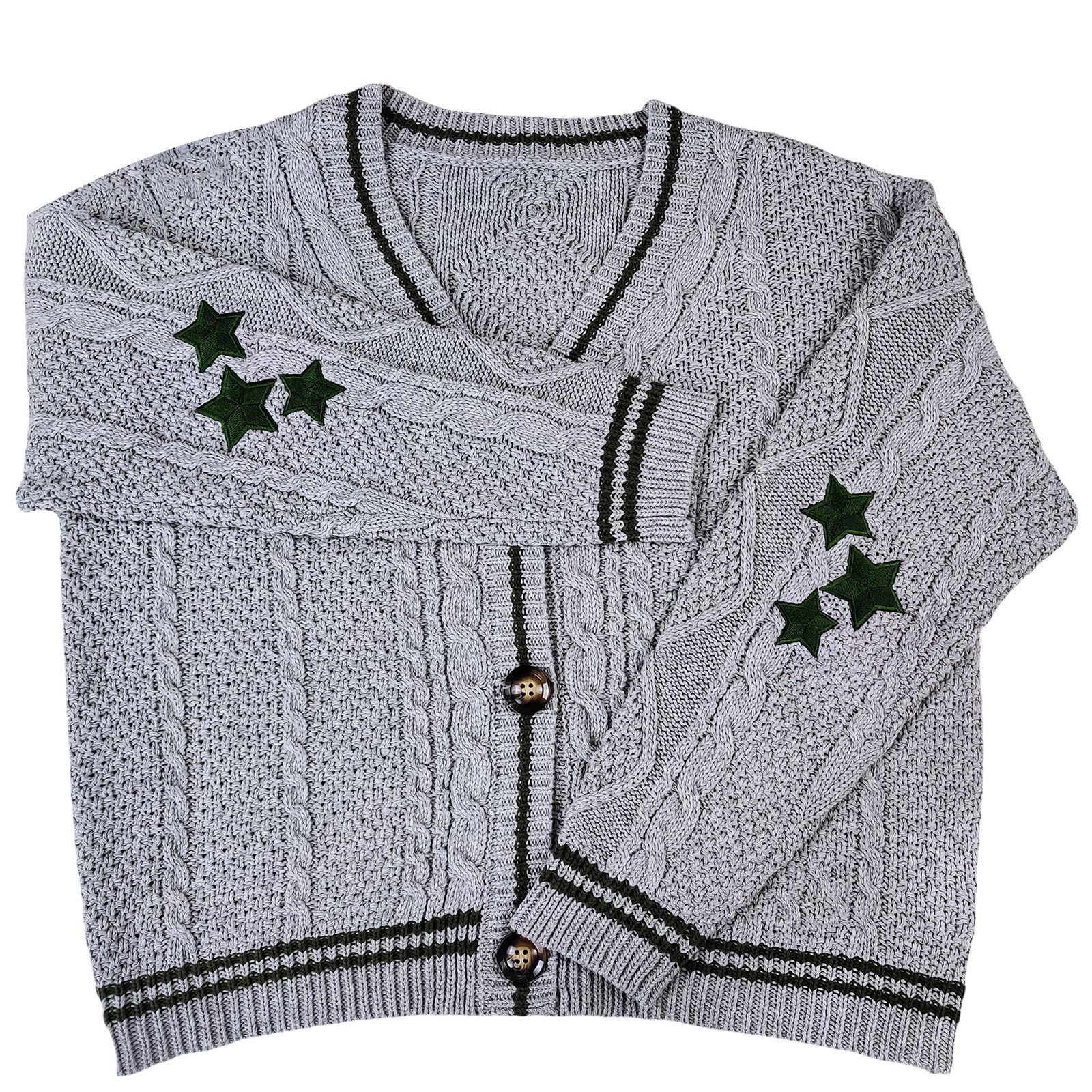 V-Neck Star Embroidered Button-Front Loose Knit Cardigan Sweater