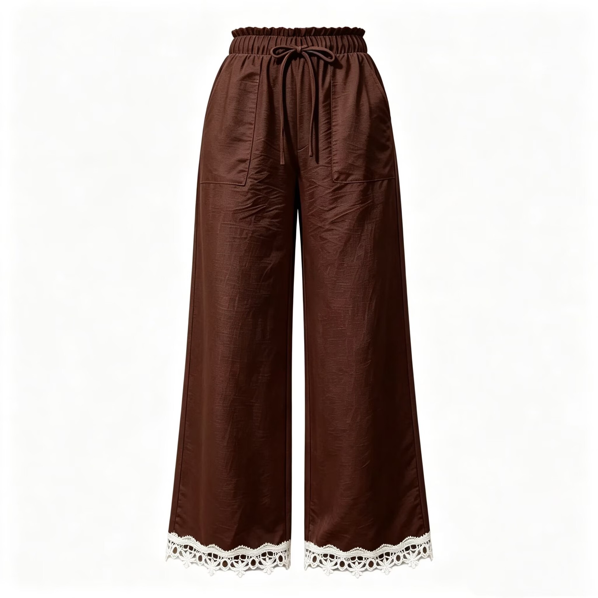 Women's Lace Trim Wide Leg Pants Casual Loose Straight Trousers