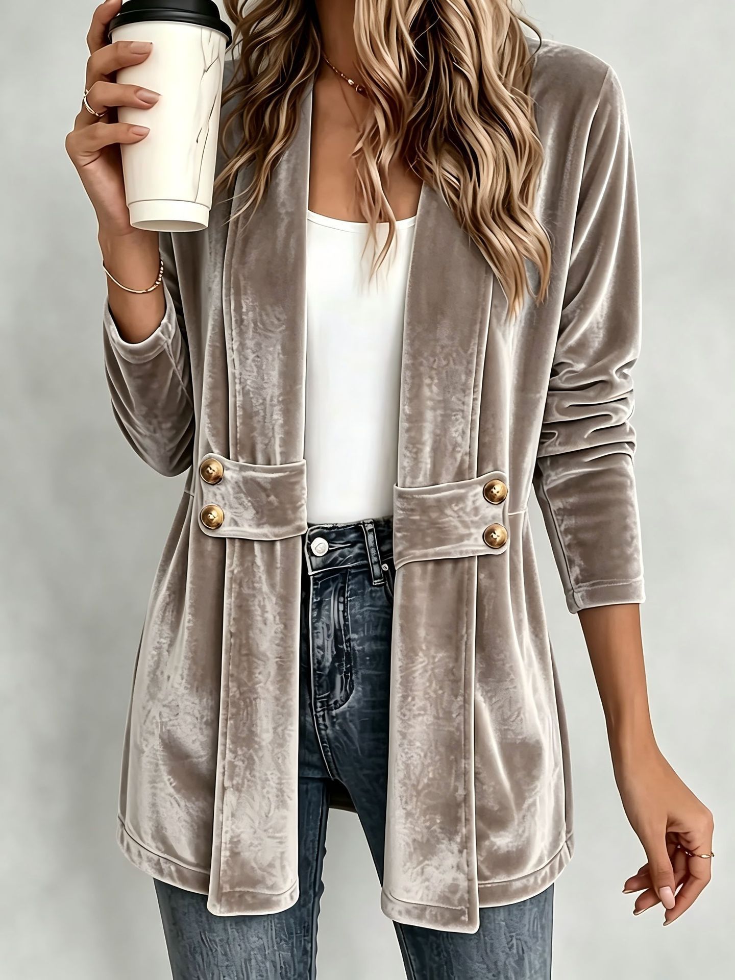 Women's Double-Breasted Velvet Cardigan Lazy Style Mid-Length Top