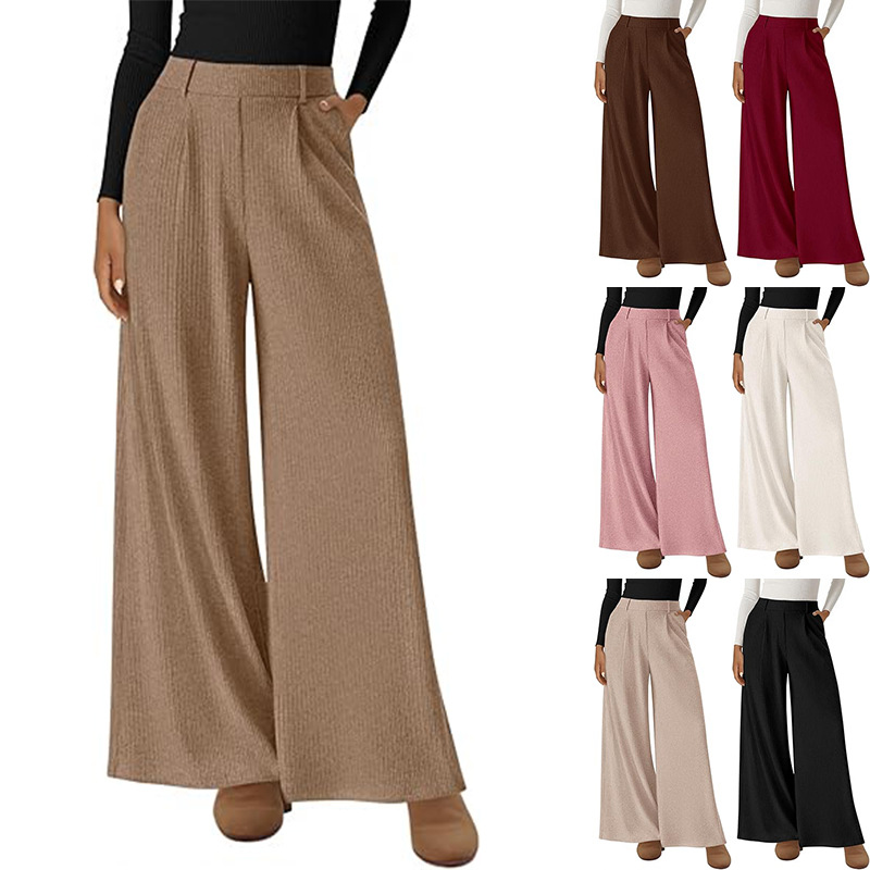 Ribbed Wide-Leg Loose Straight Pants with Elastic Waist