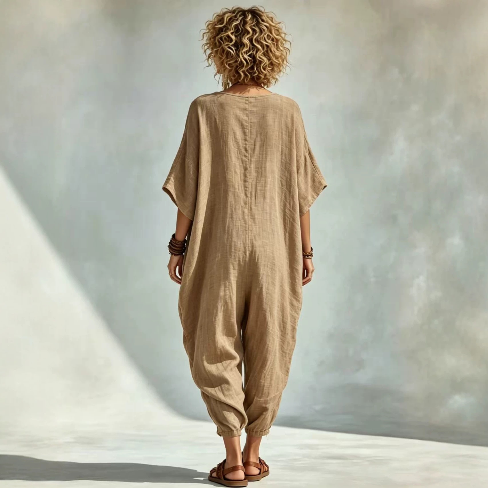 Women's Loose V-Neck Linen-Blend Jumpsuit with Pockets, Lantern Pants, Beach Vacation