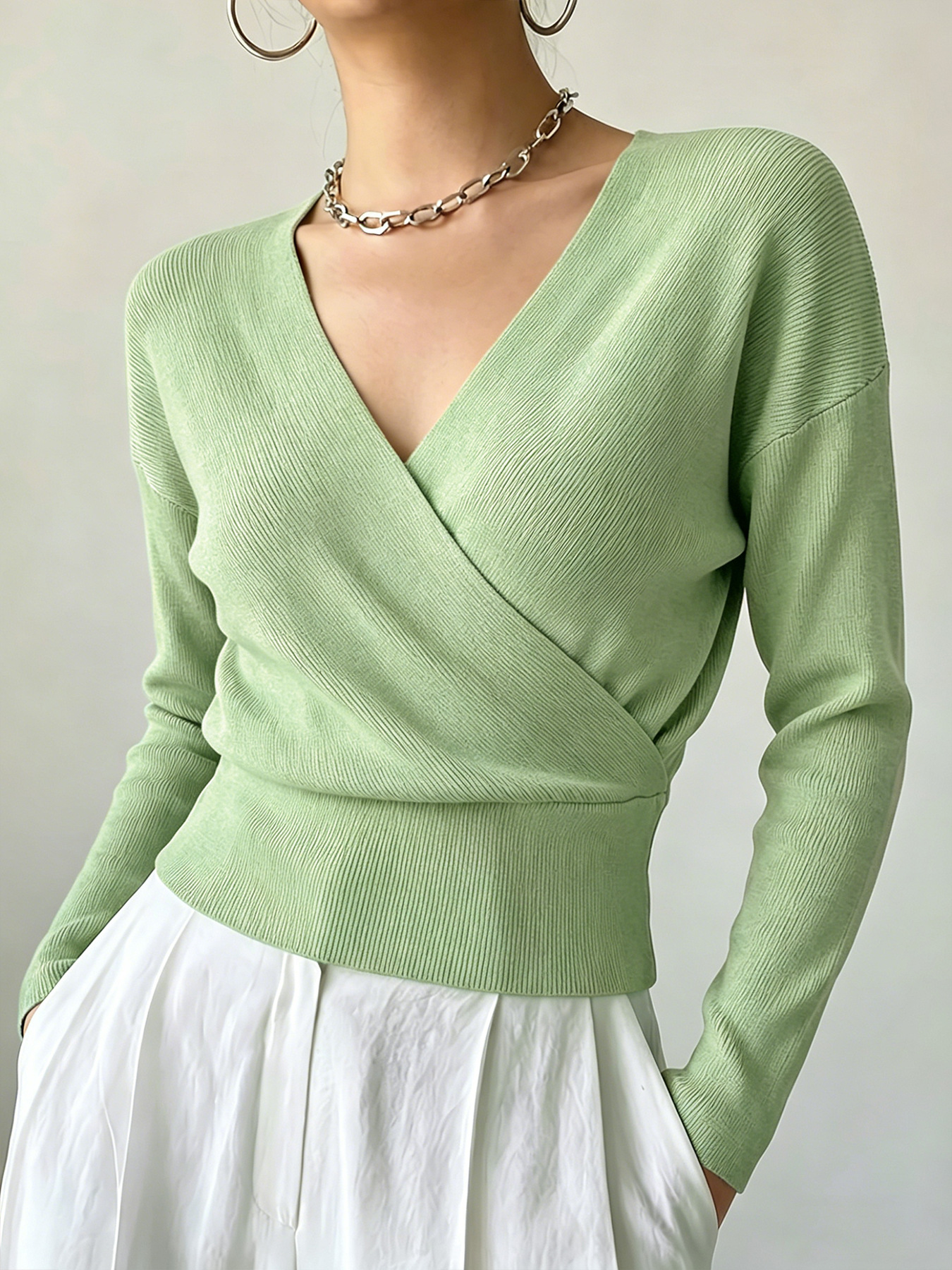 Women's Long Sleeve Cross V-Neck Knit Sweater Slimming Solid Color