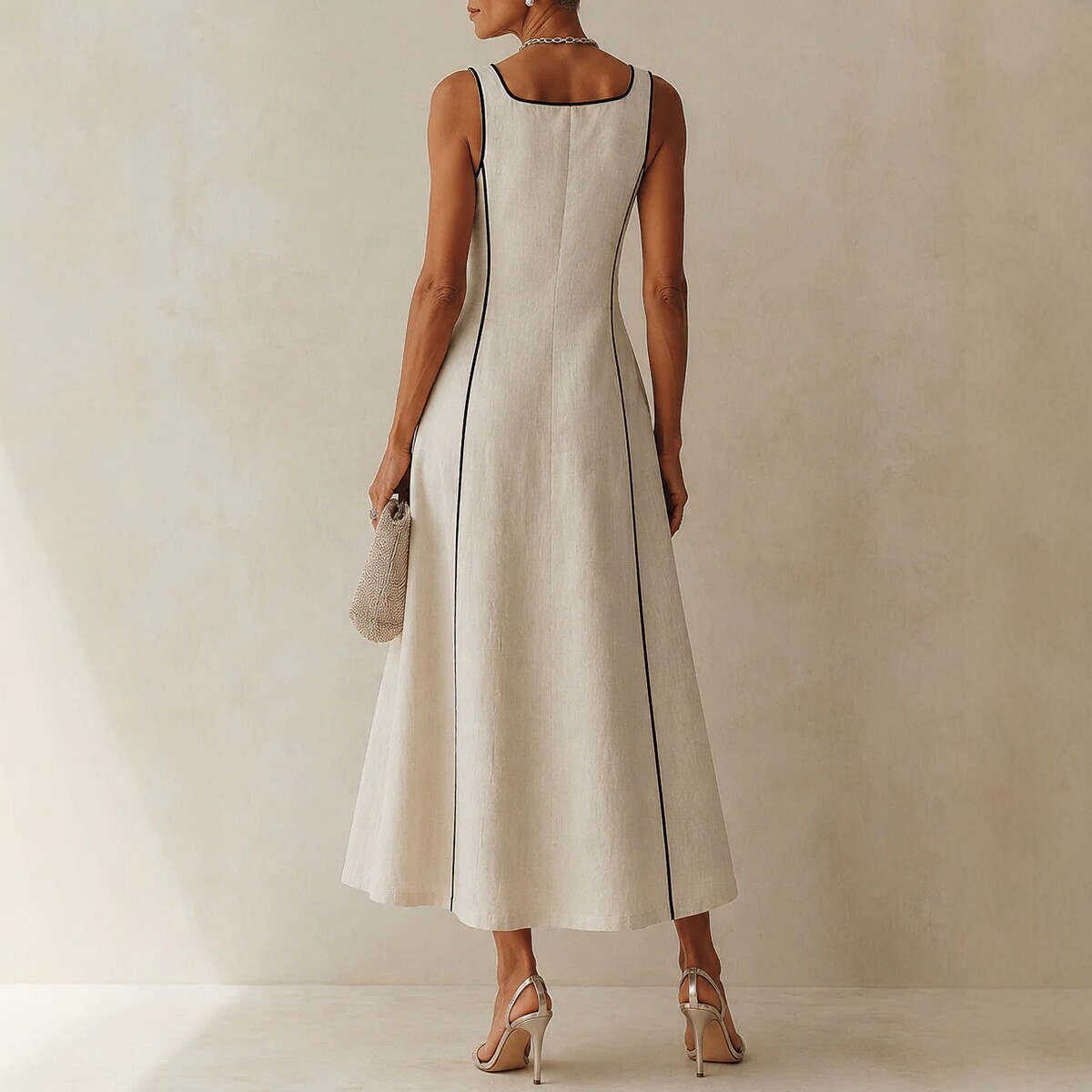 French Square-Neck Contrast Stitch Linen Midi Dress with Pockets