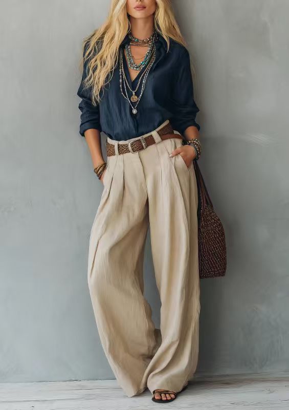 Women's Cotton-Linen Long-Sleeve Casual Pants Set with Shirt, Color-Block, No Belt