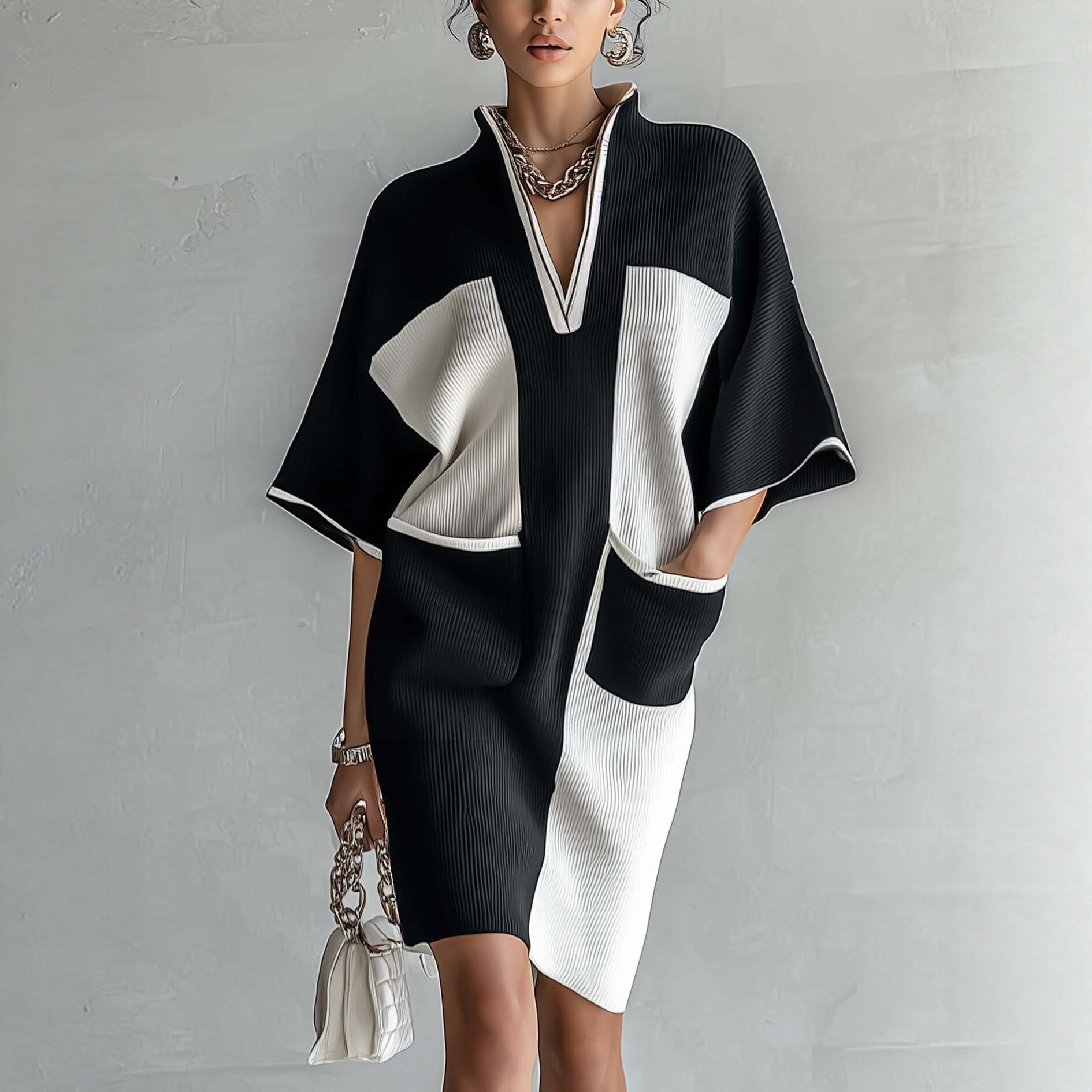 Color-Block Ribbed Knit Bodycon Dress with V-Neck and Wide Sleeves