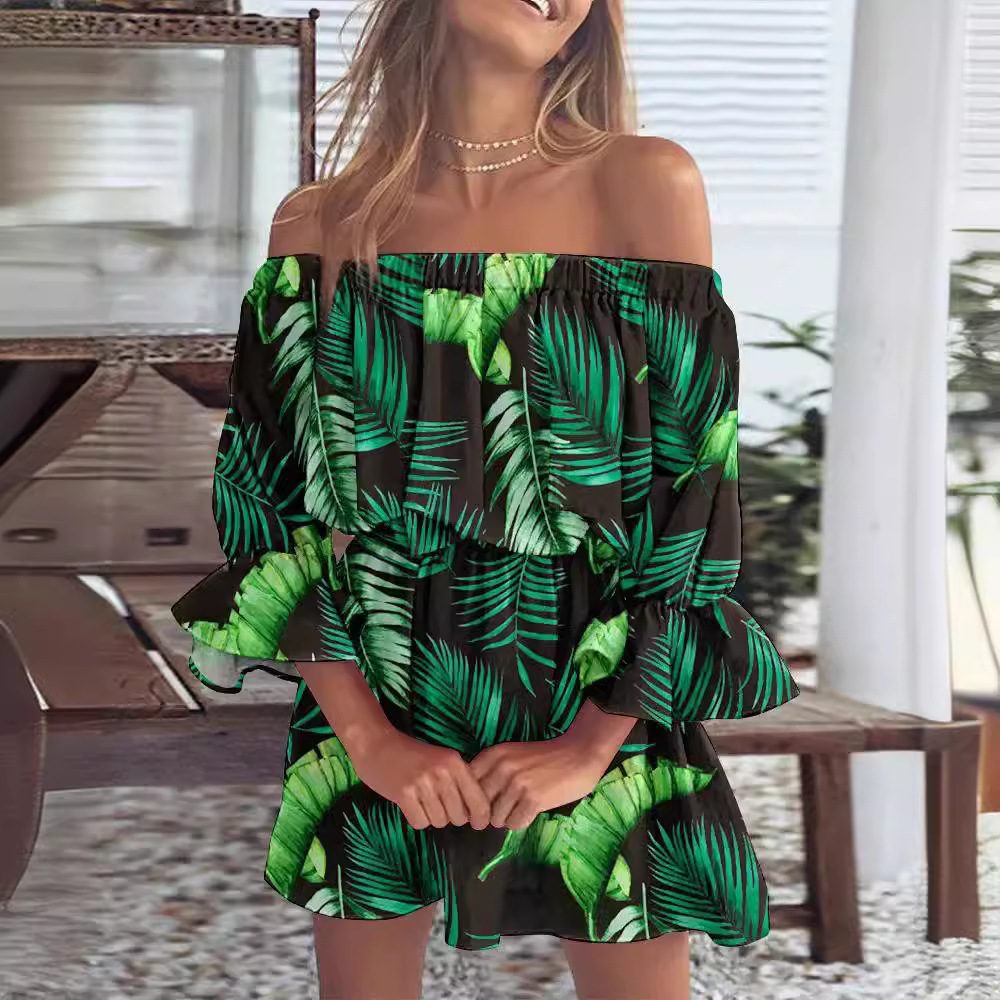 Women's Off-Shoulder Floral Print Dress Short Sleeve A-Line