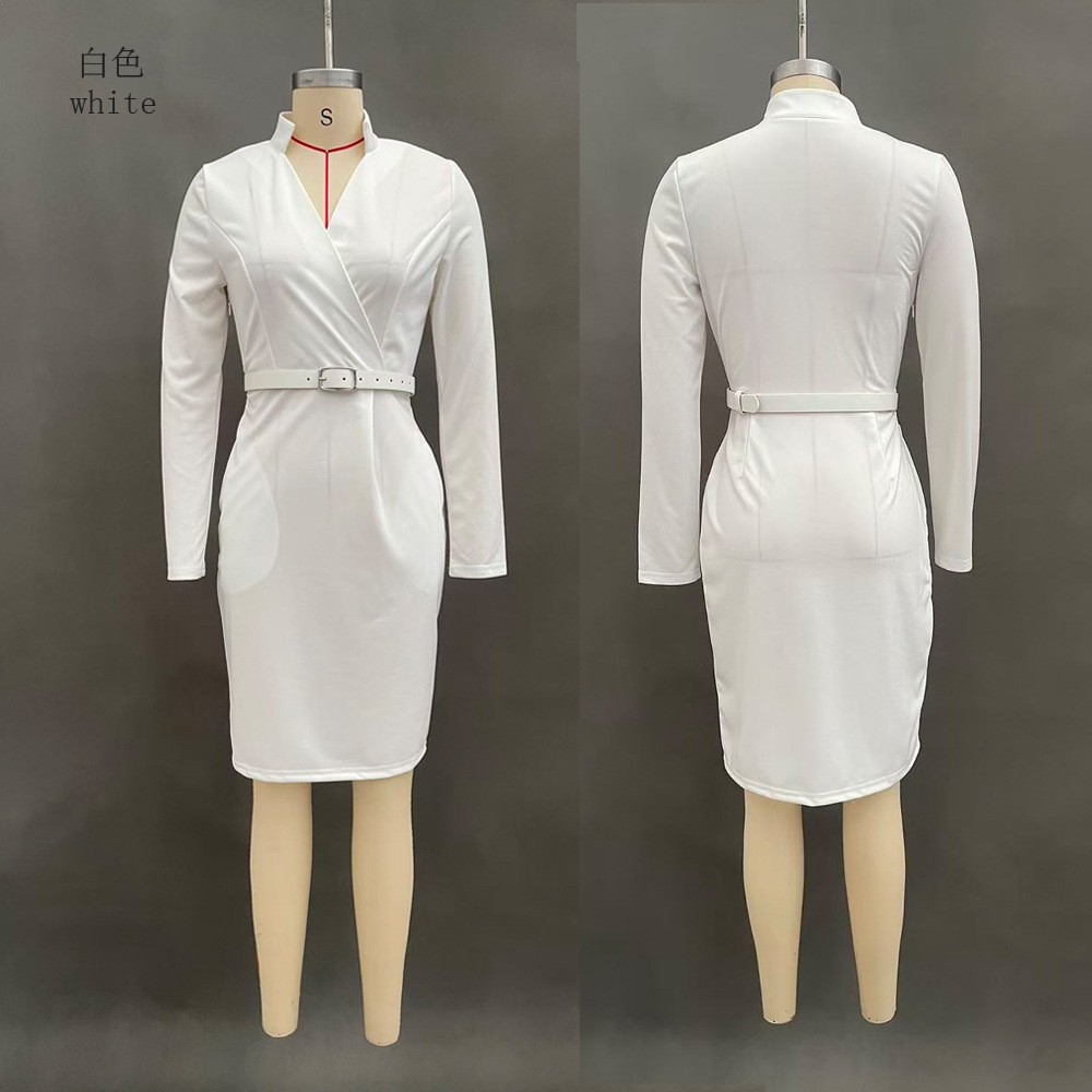 French-Style High-Waist Bodycon Long-Sleeve Dress with Belt